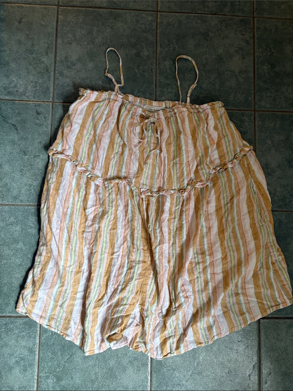 Striped Linen-Blend Spaghetti Strap Romper in Pastel Yellow & Green